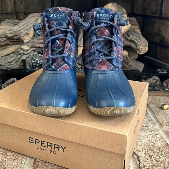 Brand New Sperry Saltwater Wool Plaid Duck Boot Waterproof Blue Winter Rain - Picture 2 of 15